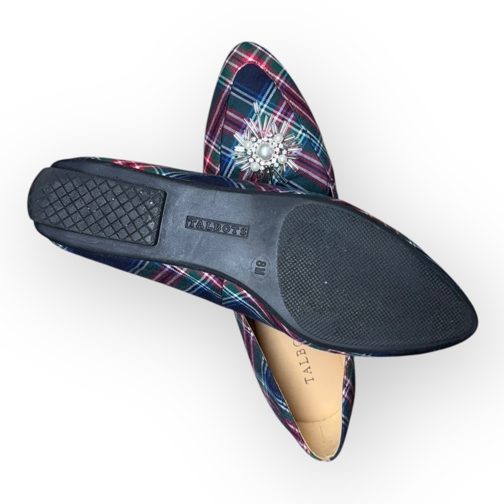 Talbots Women's Festive Plaid Christmas Flats Silver Red and Green Size 8 - Picture 3 of 6